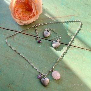 💜 Antiqued Silver Tone Hearts & Amethyst Gem Drop Necklace & Matching Earring